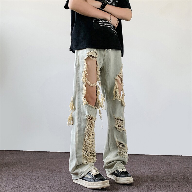 美式复古破洞牛仔裤高街美式夏季薄款宽松直筒乞丐裤,男装牛仔裤,星座410-6（原星座1304-1）