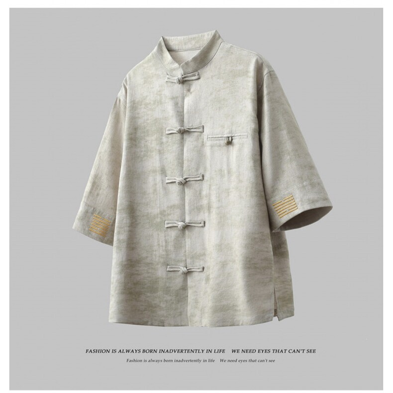 风铜扣盘扣刺绣中式立领衬衫透气开衫短袖潮A087-1-YM663P85，男装T恤，电商A087-1