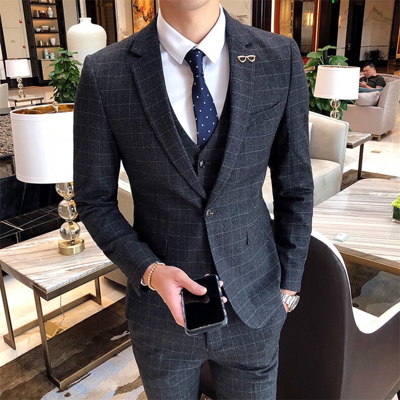 格子西装男套装三件套商务修身礼服正装 SJT-X13-P280图片