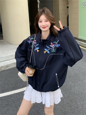 《档口现货》2026秋上新气质刺绣学院风藏蓝色休闲夹克外套女，女装短外套，苗苗