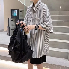 港风条纹五分短袖衬衫男夏季韩版ins上衣服潮流宽松情侣衬衣外套，男装T恤，星座506A