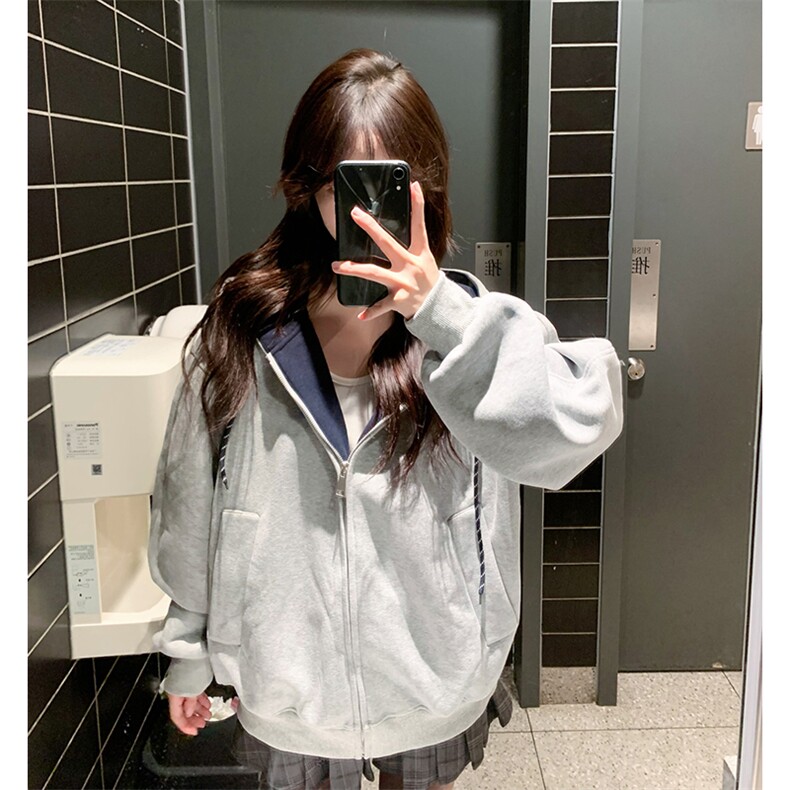 抖音得物二开美式高街重磅结构双层撞色连帽卫衣开衫外套W116,男装卫衣,电商A486