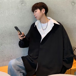 大富翻领垂感撞色长袖衬衫男春秋宽松设计感轻奢拼CM96-P48图片