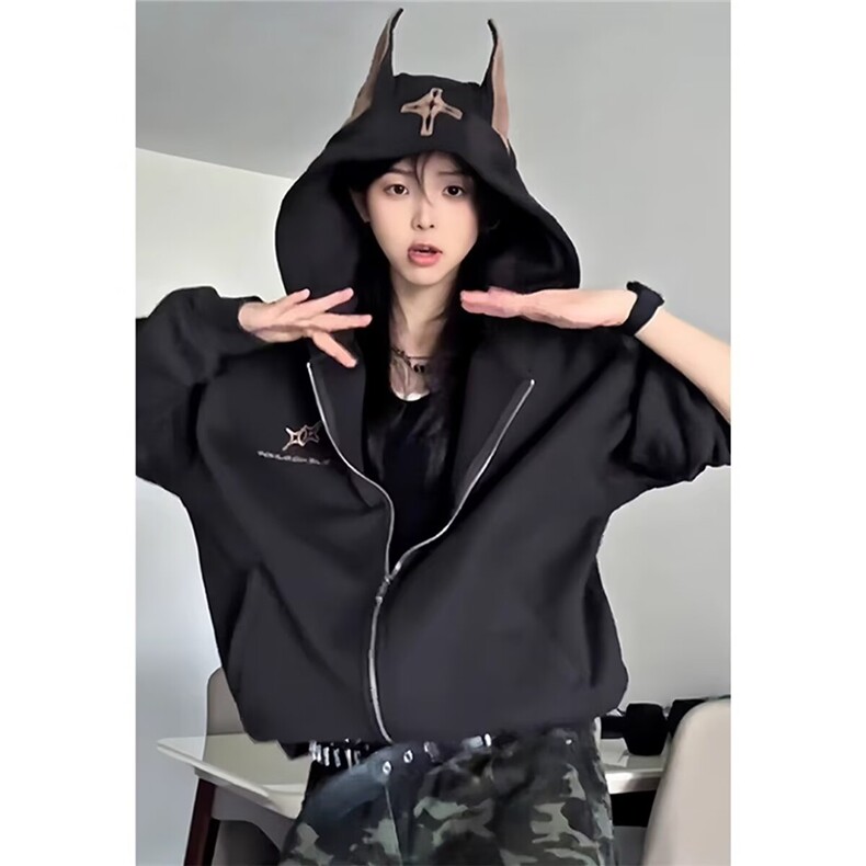 W8696-P58网图现货潮牌杜宾犬连帽加绒卫衣美式复古狗耳朵外套,男装卫衣,星座1608-2