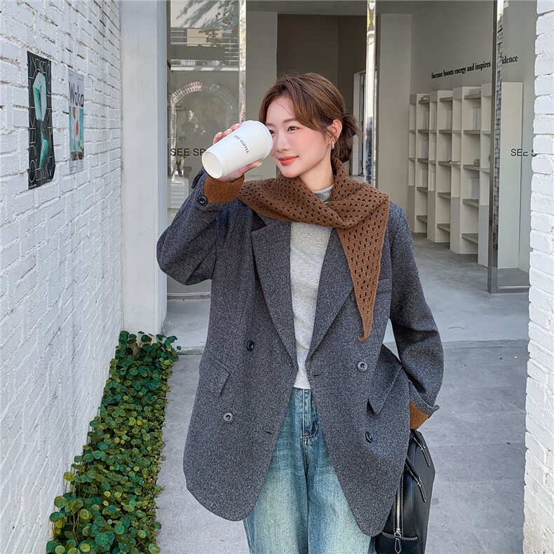 灰色韩系撞色针织披肩西装毛呢外套女秋冬2025新款轻熟风气质大衣,女装毛呢外套,2C126