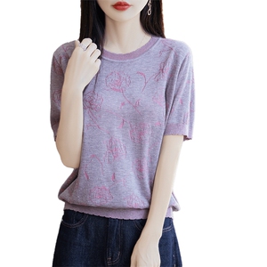 莱赛尔天丝烫钻针织短袖T恤女2025夏季轻薄凉感宽松气质小衫上衣图片
