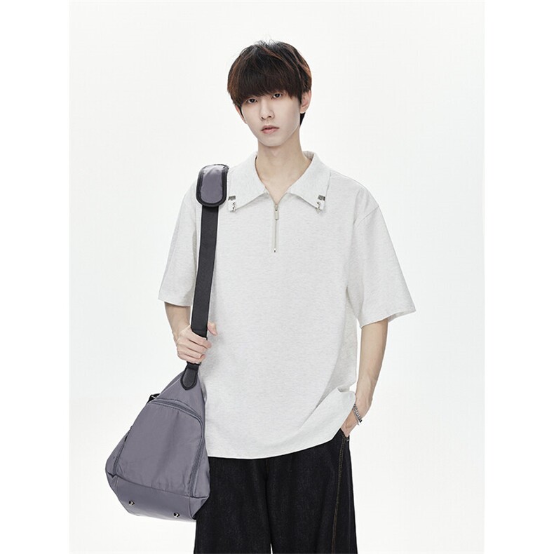 宽松短袖T恤港风华夫格金属扣polo衫半拉链男25XT77309特批32,男装T恤,电商A042