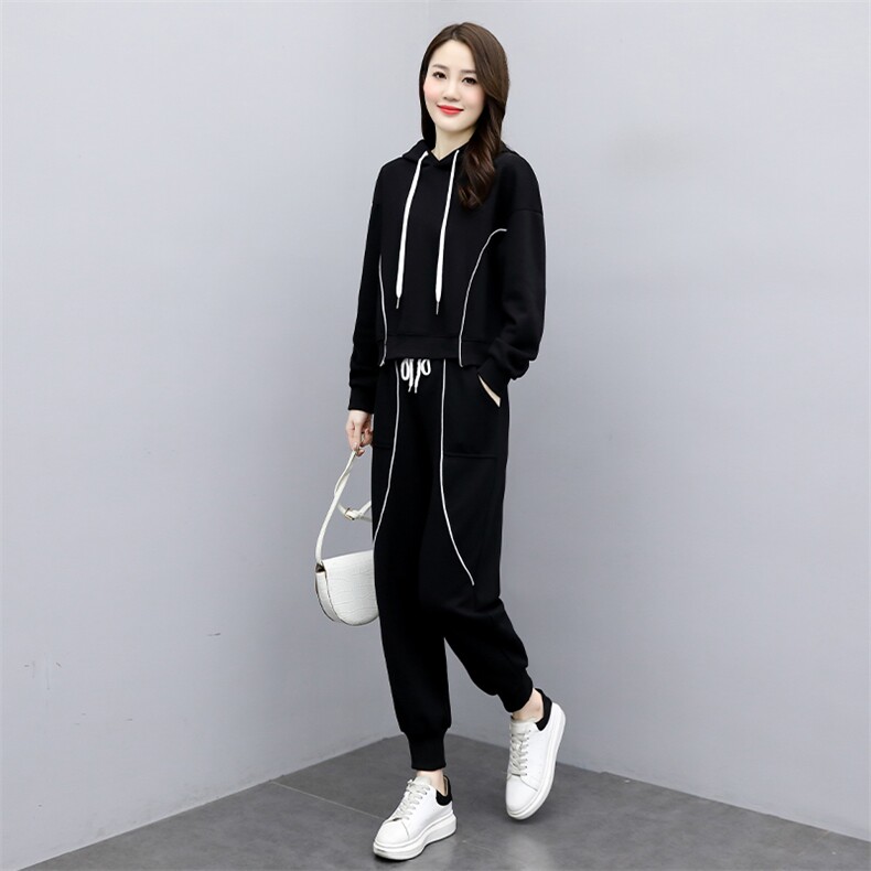 2021春季新款时尚休闲舒适腰部系带修身显瘦气质连帽两件套,女装套装/套裙,魅影
