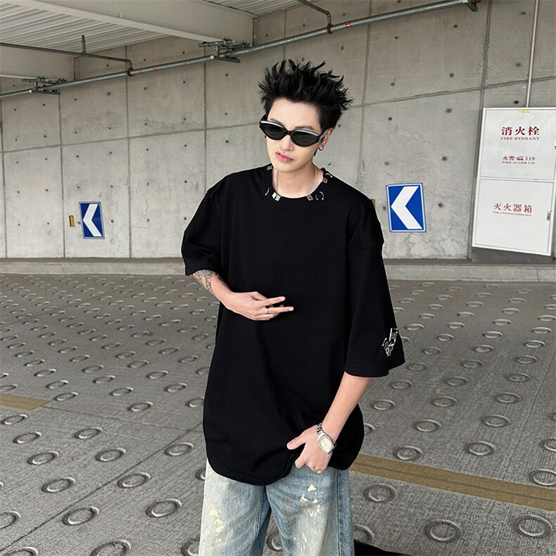 夏季新款纯色短袖T恤潮流宽松休闲垫肩设计百搭上衣,男装T恤,星座410-7