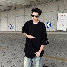 夏季新款纯色短袖T恤潮流宽松休闲垫肩设计百搭上衣，男装T恤，星座410-7
