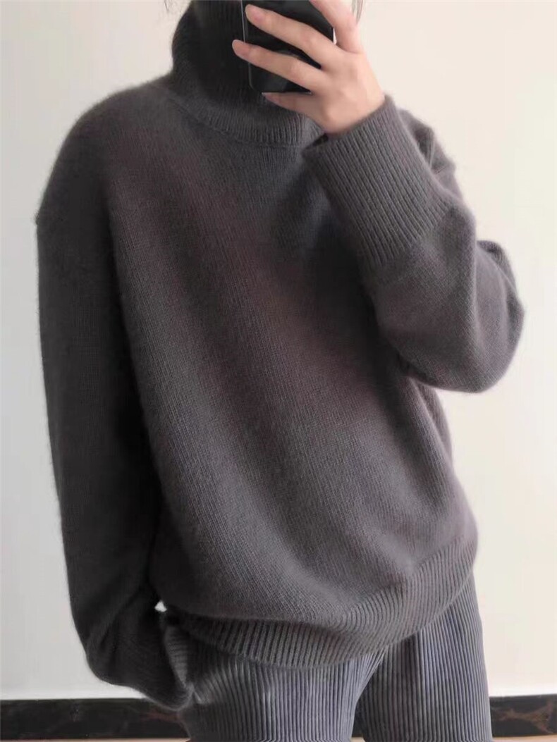 秋季新款舒适显瘦时尚百搭奶奶灰高领毛衣女宽松慵懒风针织衫,女装羊毛衫,恒恩羊绒