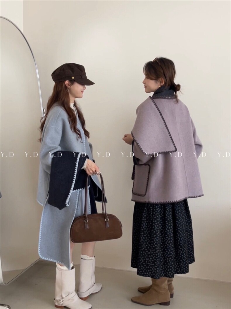 韩系双色两面穿围巾领小个子中长款宽松羊毛外套(配围巾,女装双面呢大衣,依嘟服饰