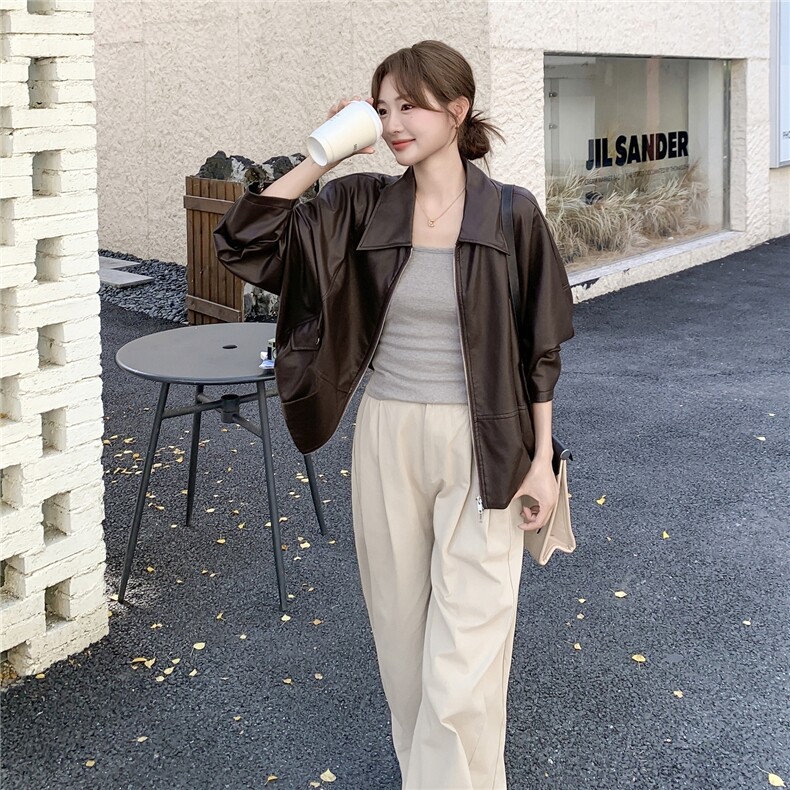 2025秋装新款时髦蛋白皮咖色皮衣外套女2C325-528P155K228,女装皮衣,2C325