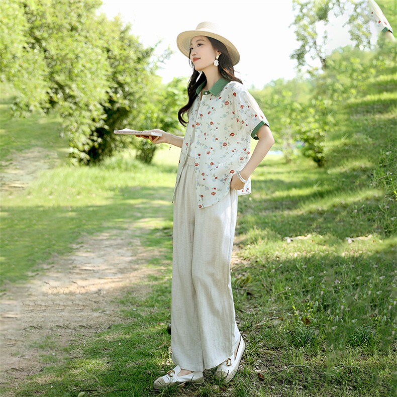 2025夏装新款苎麻碎花上衣复古宽松短袖印花衬衫女设计感碎花衬衣,女装套装/套裙,凝聚力