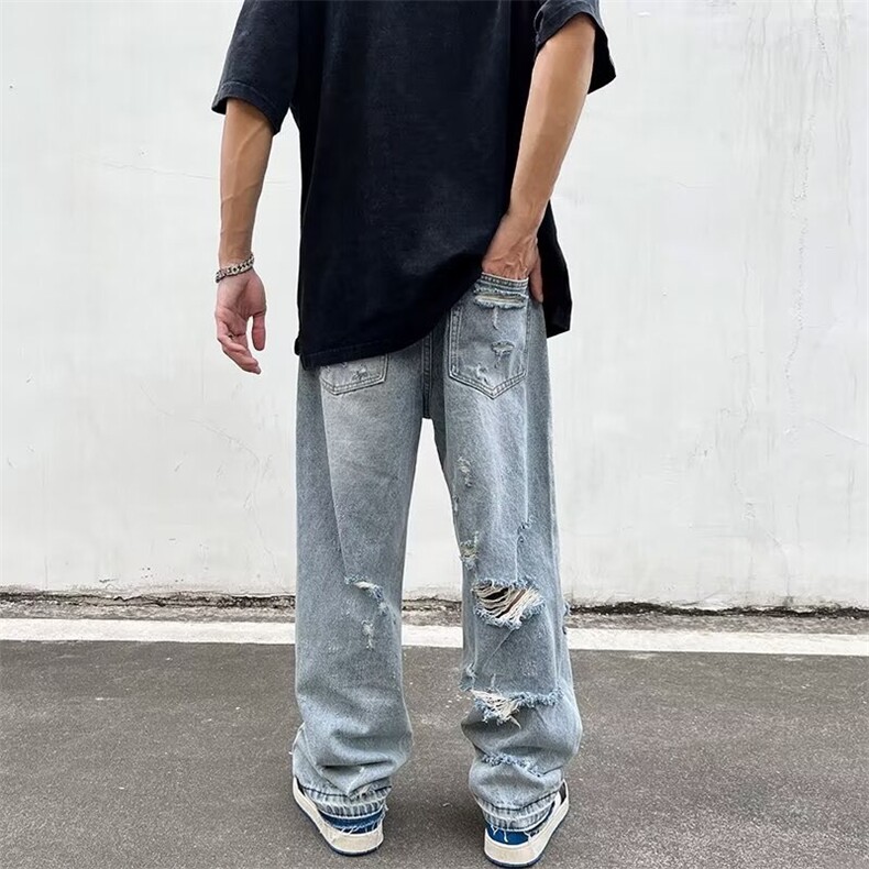 PD21高街美式潮牌水洗大破洞割烂宽松阔腿牛仔裤,男装牛仔裤,星座218-1（原230）