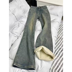 辣妹复古加绒加厚微喇牛仔裤女2025冬季新款高腰不贴腿显瘦喇，男装牛仔裤，星座302B-2