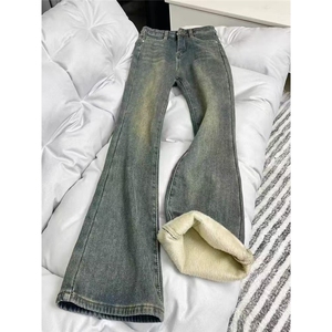 辣妹复古加绒加厚微喇牛仔裤女2025冬季新款高腰不贴腿显瘦喇图片