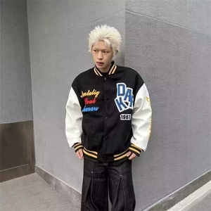 美式复古刺绣字母PU皮衣棒球服外套男女韩系宽松情侣夹克图片
