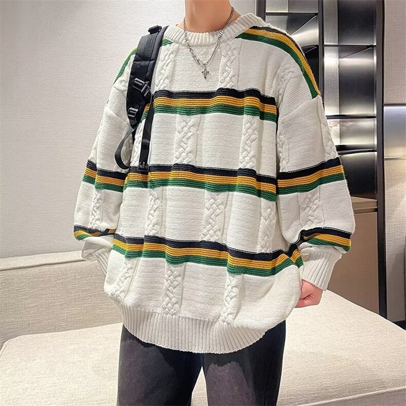 复古条纹圆领毛衣男春秋慵懒风宽松麻花针织上衣7305-P44,男装针织衫/毛衣,星座1109-3
