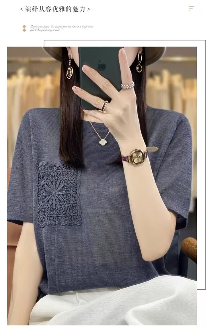 夏季薄款竹节麻短袖韩版冰丝t恤女针织衫时尚上衣设计感小众外穿,女装T恤,德尔信羊绒
