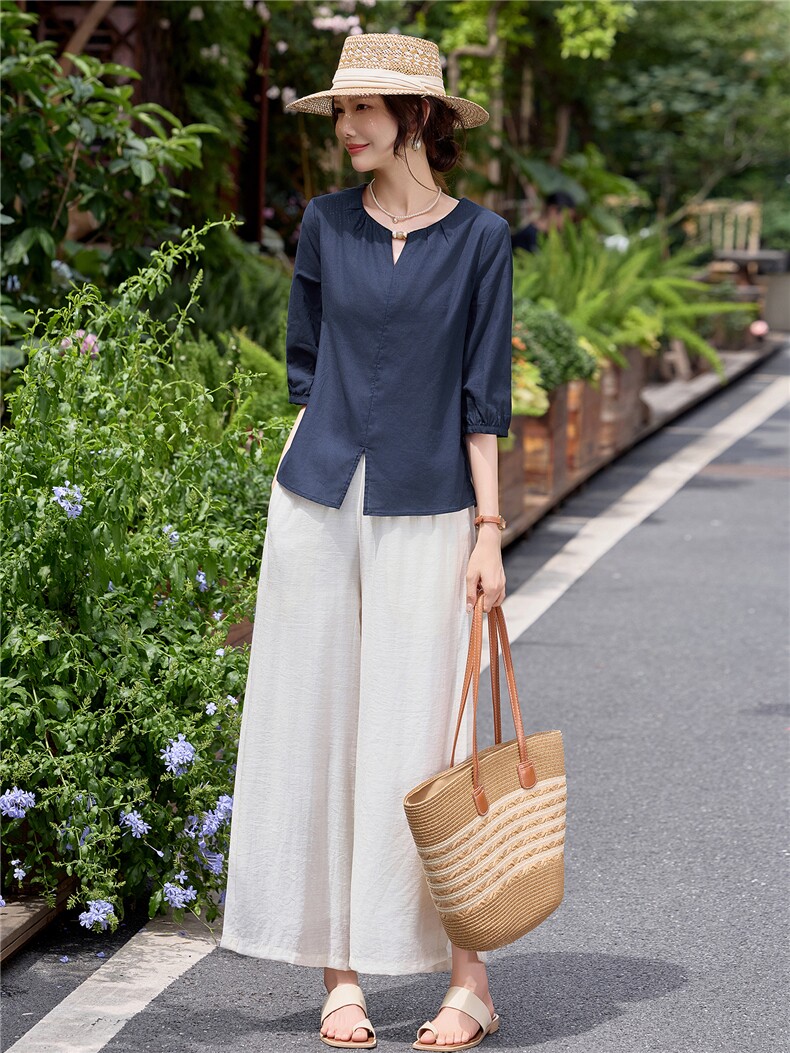 棉麻风藏青色休闲短袖上衣配阔腿裤套装女,女装套装/套裙,水衣源