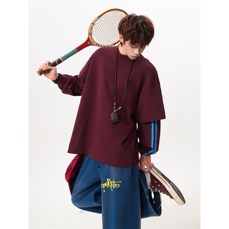8XL-M假两件条纹长袖t恤男运动风百搭上衣CX3010-特P40,男装T恤,电商D206-1