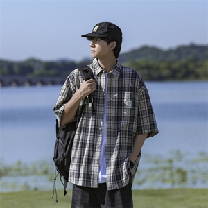美式复古设计感潮流衬衣夏季新款格子短袖衬衫男 现货 W8230-P38图片