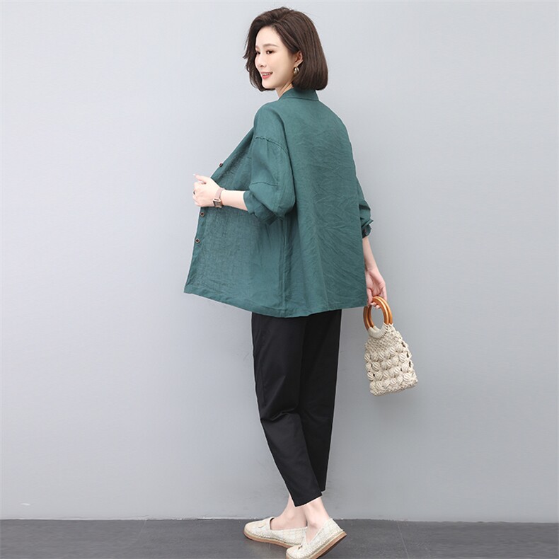 中年妈妈春季休闲亚麻长袖衬衫女2023新款两件套装,女装套装/套裙,忆绮罗