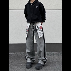 NK1007-P58美式复古设计感做旧反穿大口袋印花牛仔裤男女秋季，男装牛仔裤，电商B323A