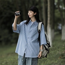 格子衬衫女日系少年短袖上衣设计感小众法式韩系外套C6433-P38，男装衬衫，星座1008