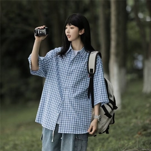 格子衬衫女日系少年短袖上衣设计感小众法式韩系外套C6433-P38图片