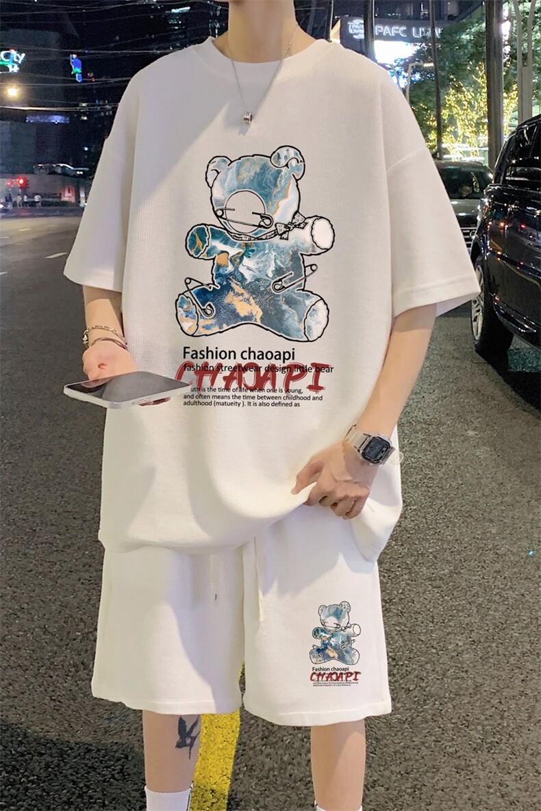 ！直播推荐2024夏季男士小熊印花华夫格短袖套装HTZ21P50,男装T恤,电商B220