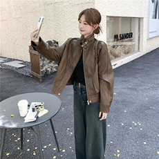 美拉德咖色复古皮衣外套女2025秋季美式设计感宽松机车服淡人夹克，女装皮衣，2C325