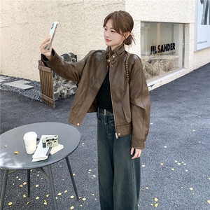 美拉德咖色复古皮衣外套女2025秋季美式设计感宽松机车服淡人夹克图片