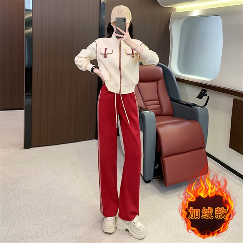 女冬季新款开衫卫衣红色阔腿裤两件套图片