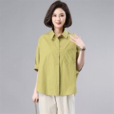 纯棉衬衫女五分袖夏季薄款2022新款宽松中年妈妈休闲法式短袖衬衣，女装衬衫，奕阳依阁
