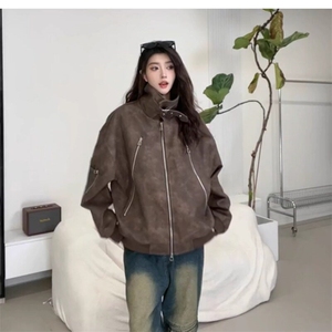 慵懒简约气质ins潮流原宿甜酷辣妹美式PU皮夹克女机车外套新款图片