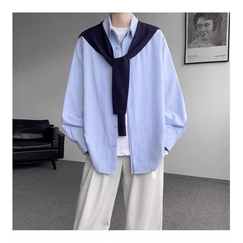 学院风长袖衬衫男针织披肩假两件蓝色衬衣秋季设计感条纹休闲外套,男装衬衫,星座506A