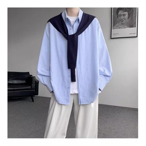 学院风长袖衬衫男针织披肩假两件蓝色衬衣秋季设计感条纹休闲外套图片