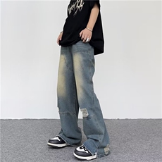 美式破洞撞色牛仔裤男2023夏季新款宽松直筒高街嘻哈阔腿裤长裤男，男装牛仔裤，星座601-2