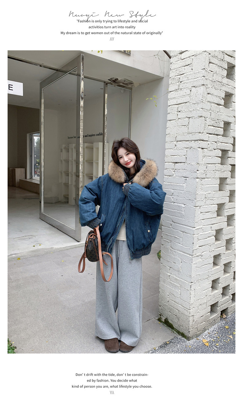 现货复古气质连帽牛仔羽绒服女配狐狸毛可拆卸保暖外套中长款,女装羽绒服,2C159