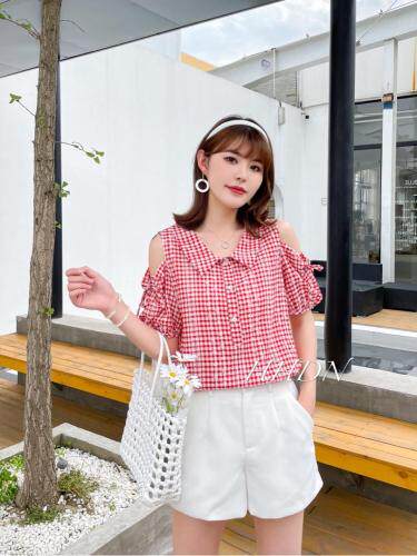 2021年夏季新款格子漏肩小衫，女装，红火丹妮
