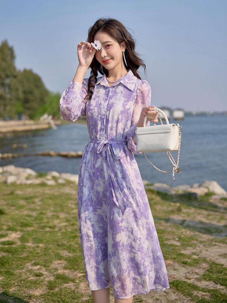 紫色碎花衬衫连衣裙女新款法式独特气质收腰裙子,女装连衣裙,韩蔻秀
