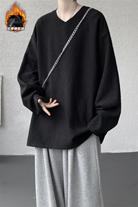 纹理感鸡心领男450g重磅加厚银狐绒长袖T恤T24509J加绒-特P33控65图片