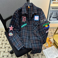 格子衬衫男长袖ins设计感印花衬衣春秋宽松情侣休闲外套C2755，男装衬衫，星座601-1
