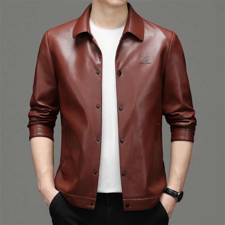 皮衣宽松免烫外套男士纯色翻领上衣冬季新款中年商务休闲爸爸装，男装皮衣，电商B212（原钱塘6029）