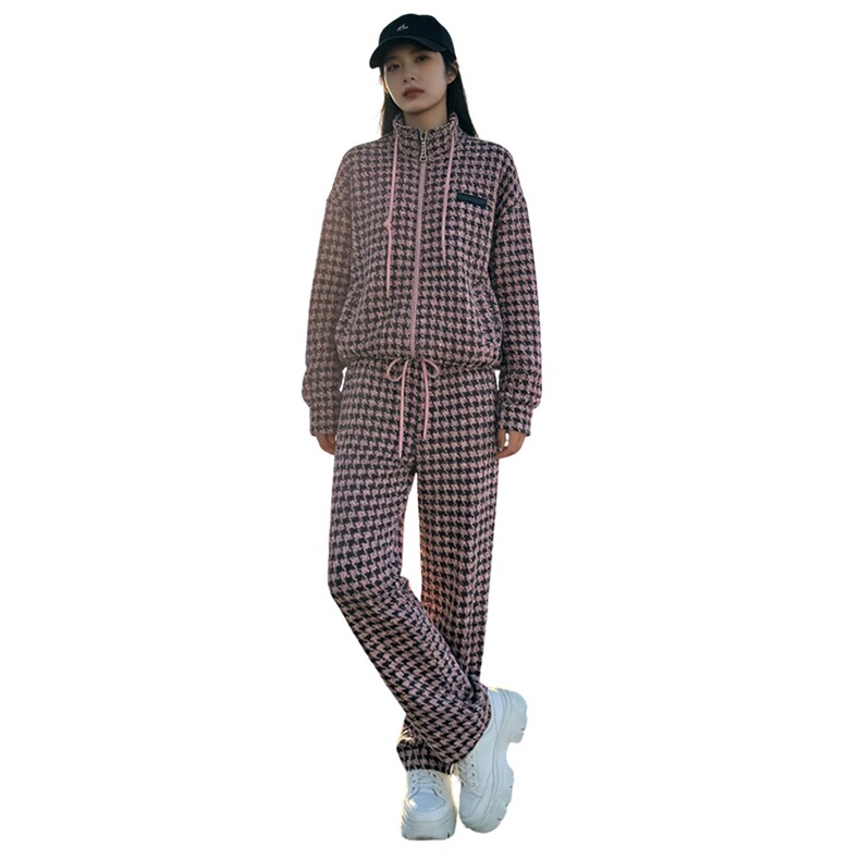 休闲运动套装女春新款粉色千鸟格抽绳立领上衣直筒长裤两件套显瘦,女装套装/套裙,2C310