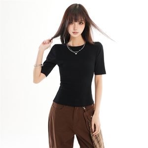 复古宽松圆领中袖T恤女2026韩版慵懒风百搭休闲内搭上衣YD272-P30图片