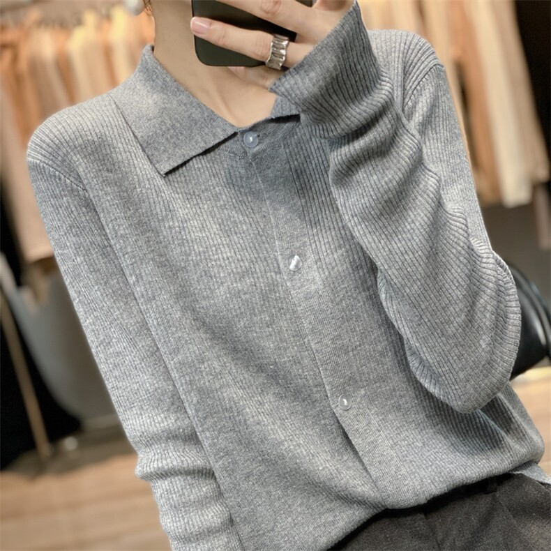 高级感Polo领抽条羊毛针织开衫女宽松百搭春秋毛衣外套上衣薄衬衫,针织衫/毛衣,雪真羊绒