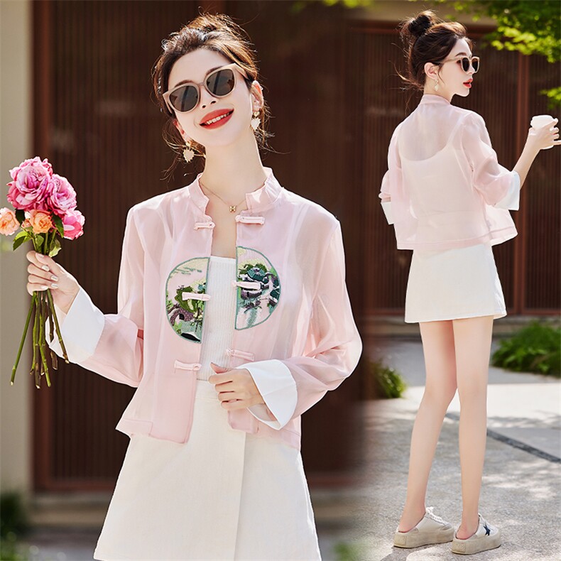 新中式国风盘扣短款防晒服女外套夏季时尚薄款唐装刺绣汉服防晒衣,女装防晒衣,韩美纤衣